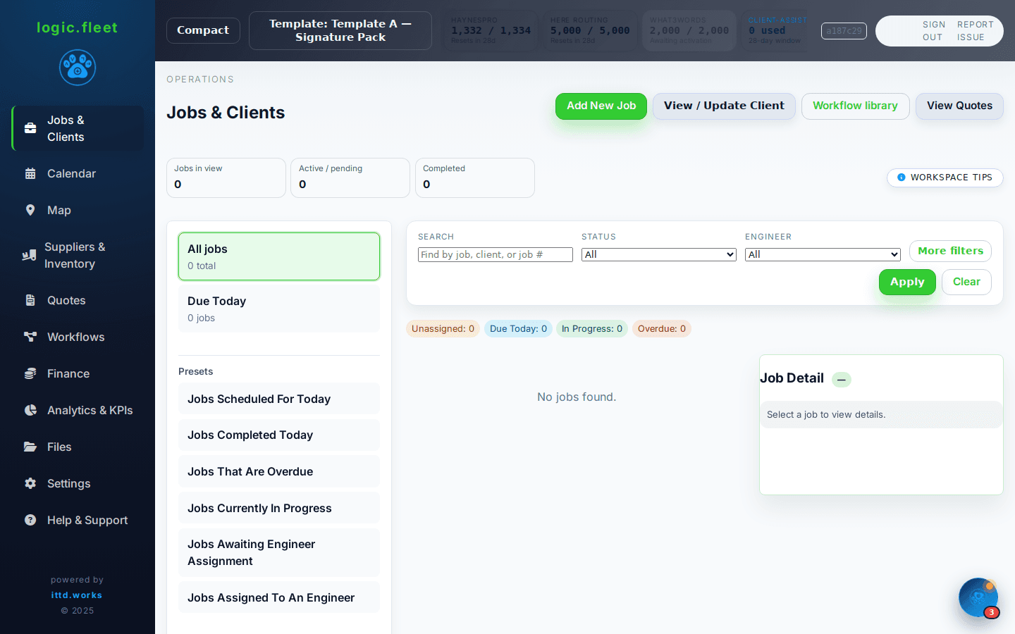 logic.fleet control room with dispatch, calendar and map