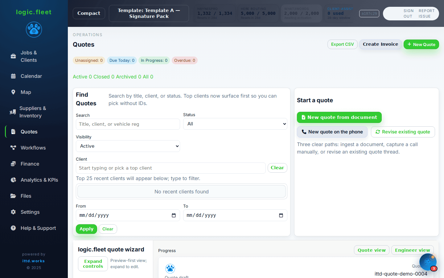 logic.fleet quotes and revenue view